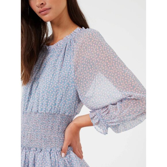 NEW French Connection Sheer Smocked Waist Tiered-Skirt Blue Dress - Picture 4 of 16